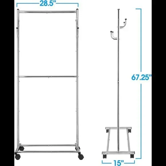 Simple Trending Double Rod Clothes Garment Rack, 4 Hooks